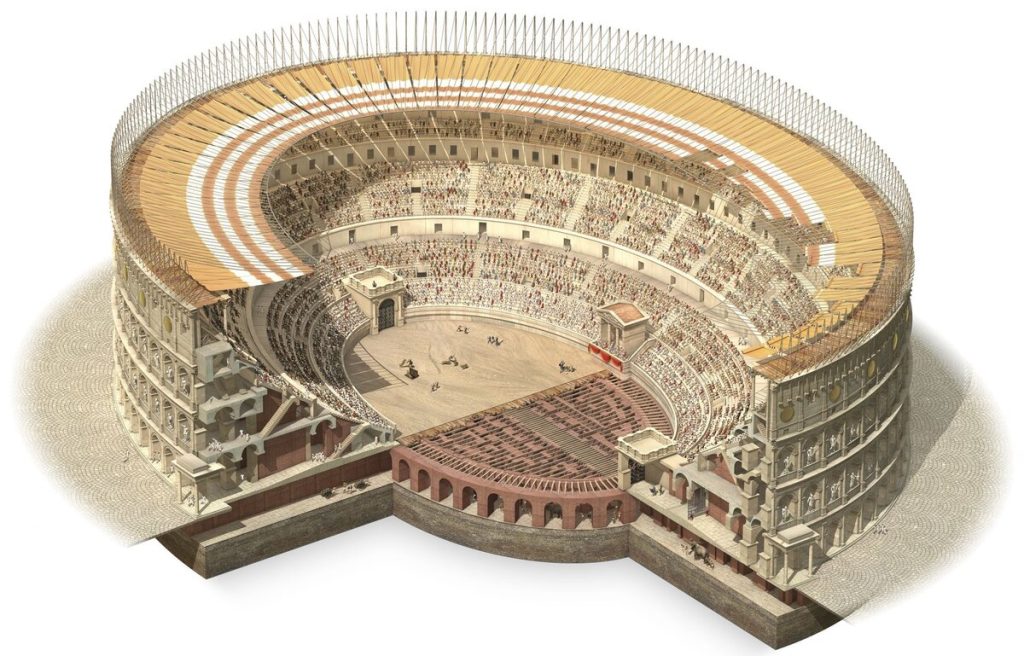 Colosseum. Top view combined with section. Historical reconstruction